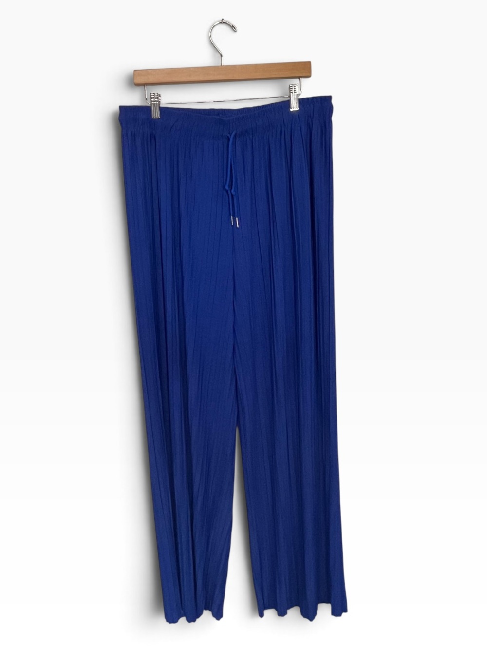 Lovepoem | Blue Pleated Crinkle Drawstring Pull On Wide Leg Pants Plus Size